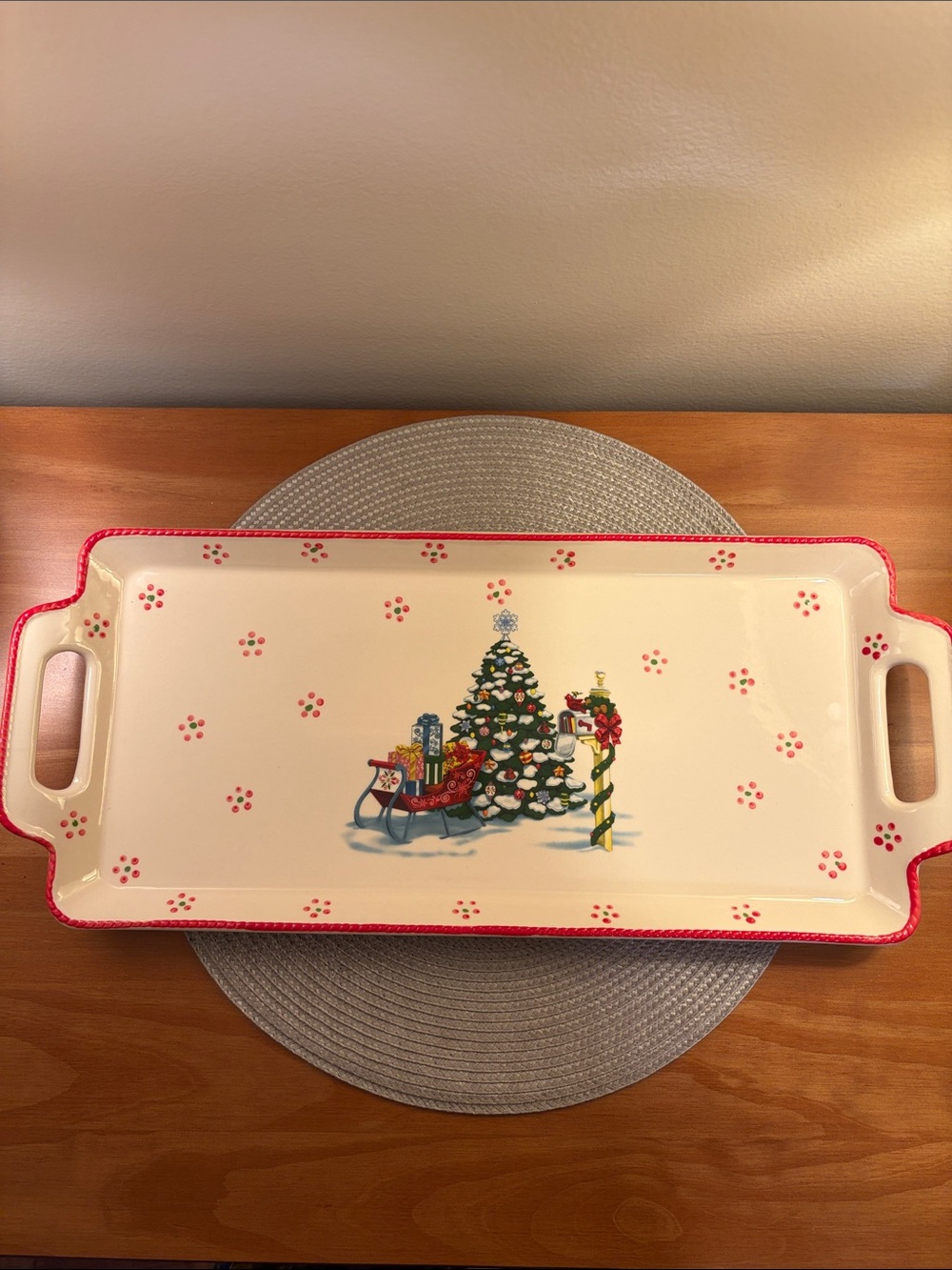 Temptations Cream Red Seasonal Holiday Rectangular Serving Platter With Handles